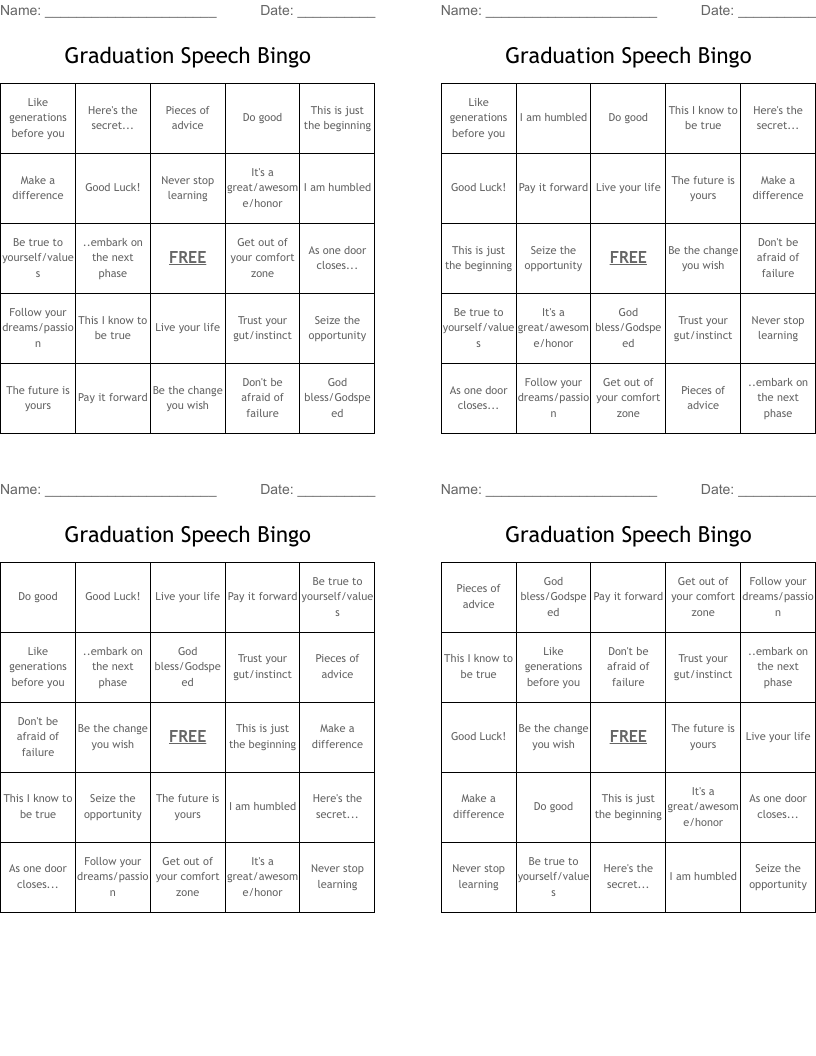Graduation Speech Bingo