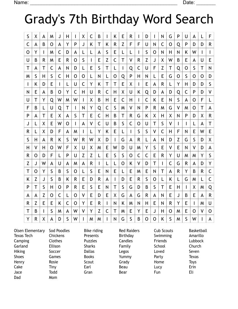 Grady's 7th Birthday Word Search