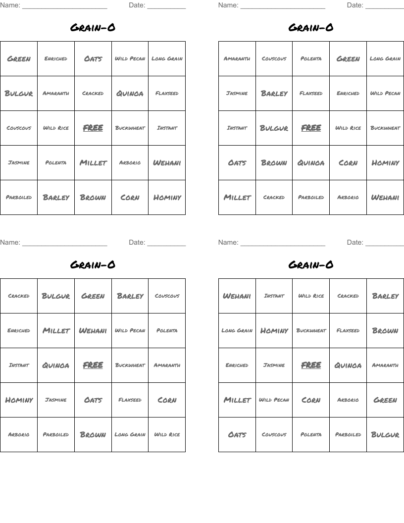 Grain-O Bingo Cards