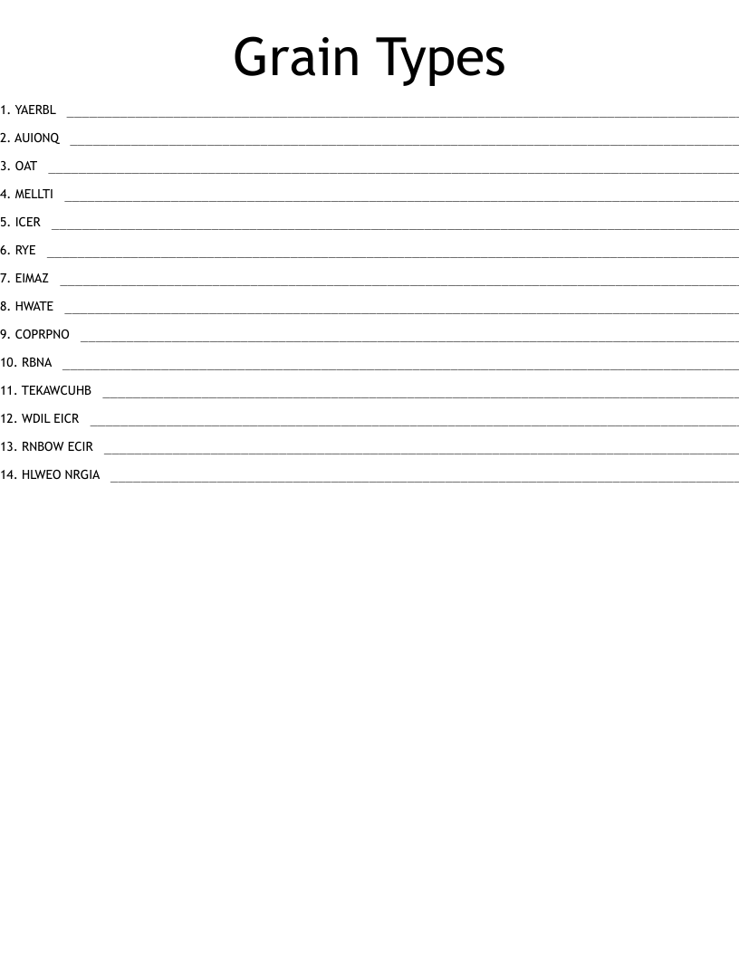 Grain Types Word Scramble