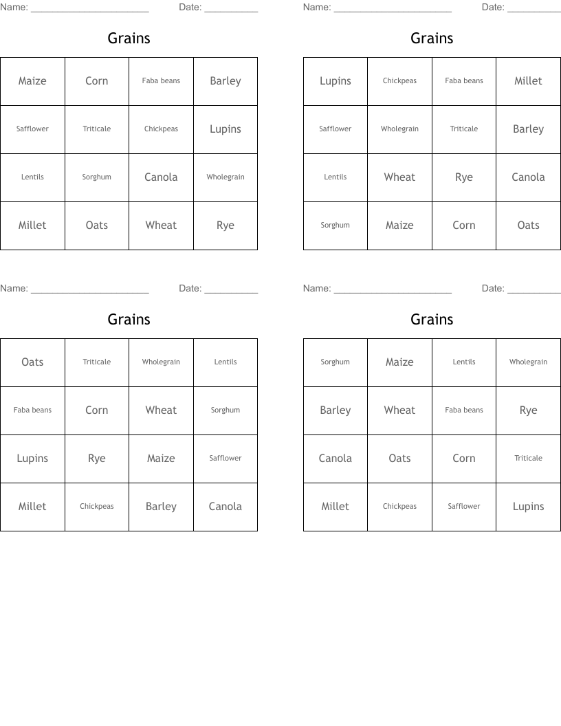 Grains Bingo Cards