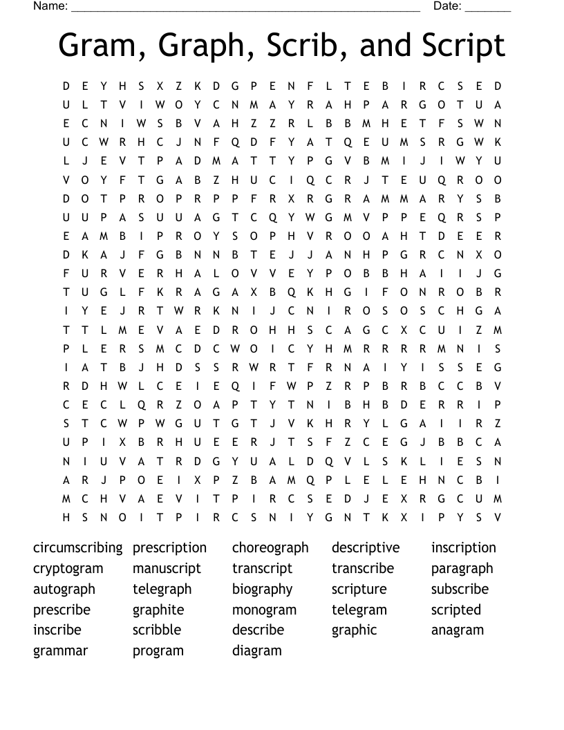 Gram, Graph, Scrib, and Script Word Search