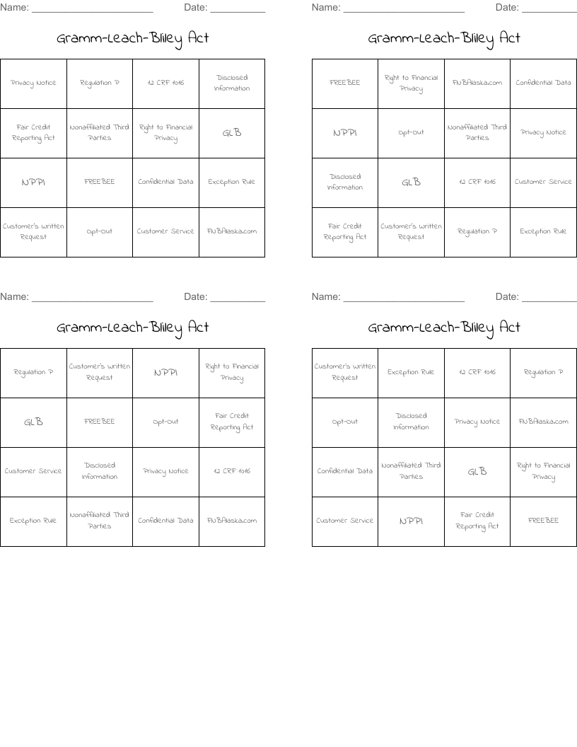 Gramm-Leach-Bliley Act Bingo Cards