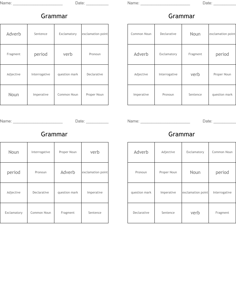 Grammar Bingo Cards