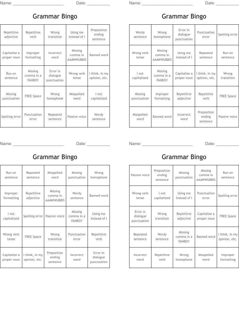 Grammar Bingo