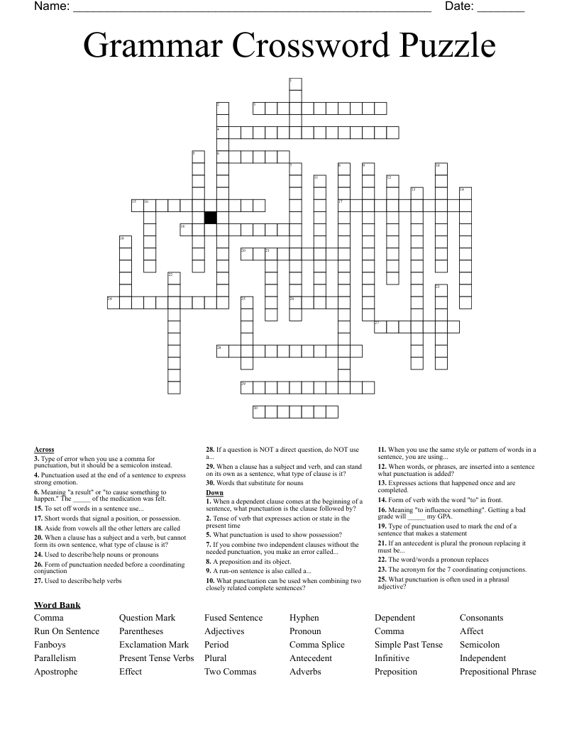 Grammar Crossword Puzzle