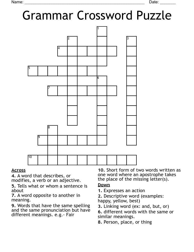 Grammar Crossword Puzzle