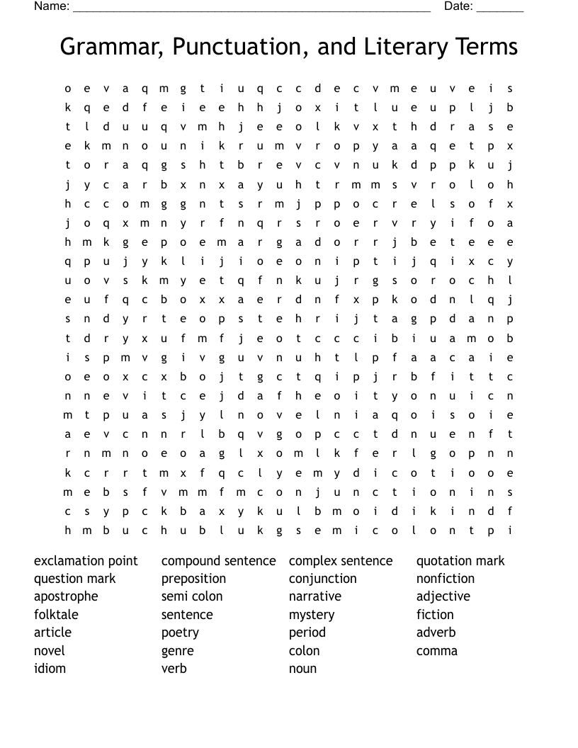 Grammar, Punctuation, and Literary Terms Word Search