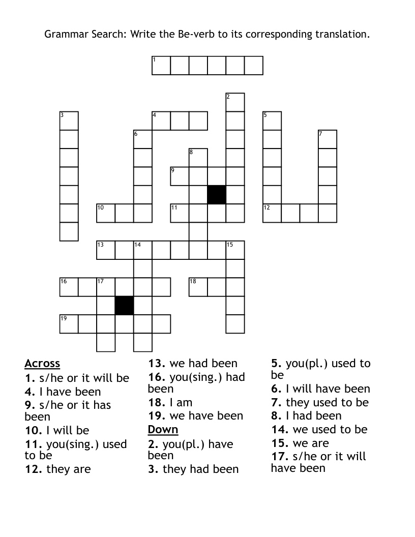 Grammar Search: Write the Be-verb to its corresponding translation.  Crossword