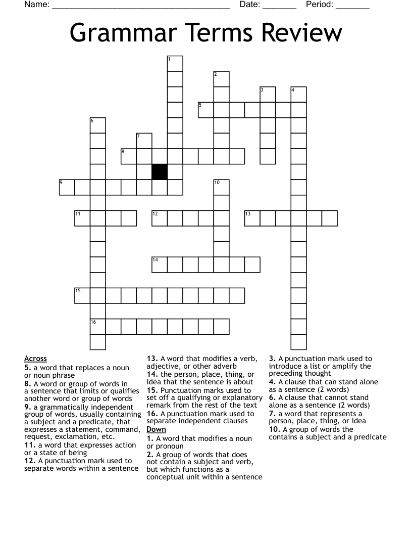 Grammar Terms Review Crossword