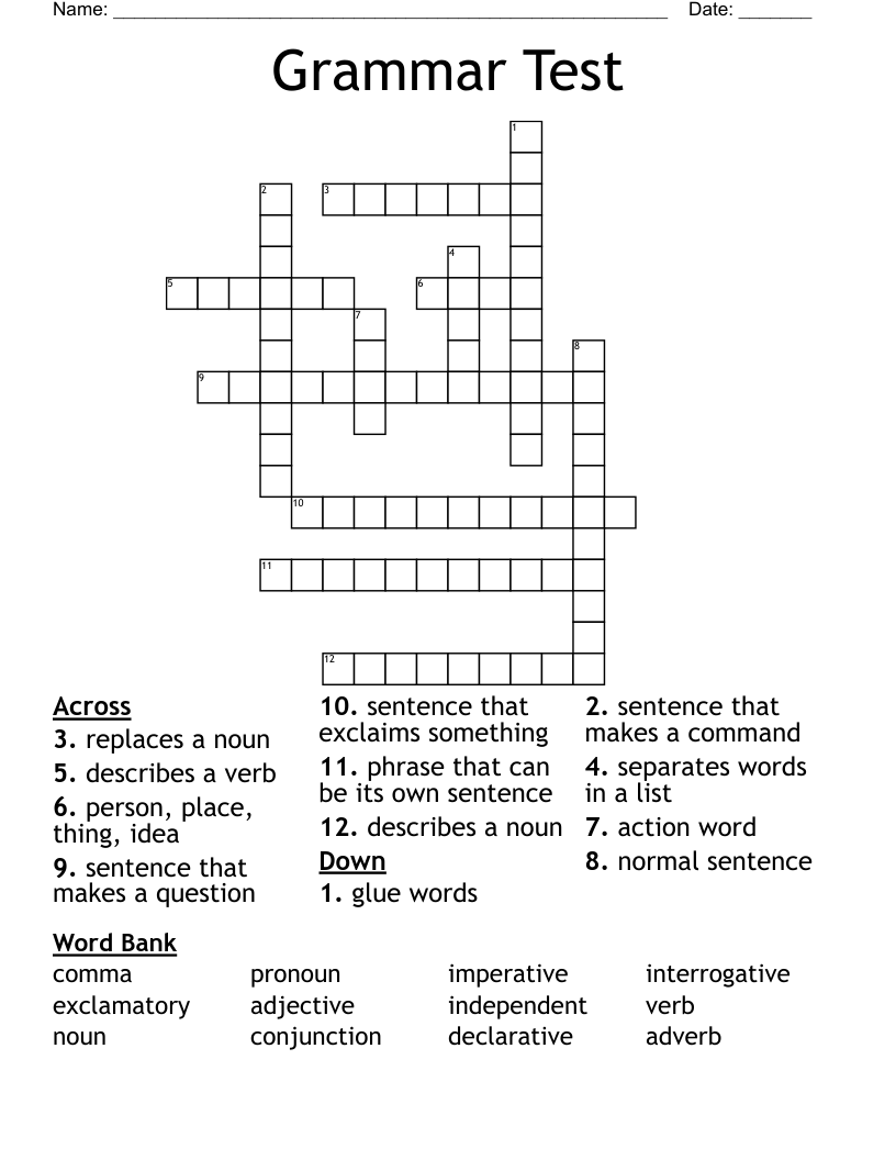 Grammar Test Crossword