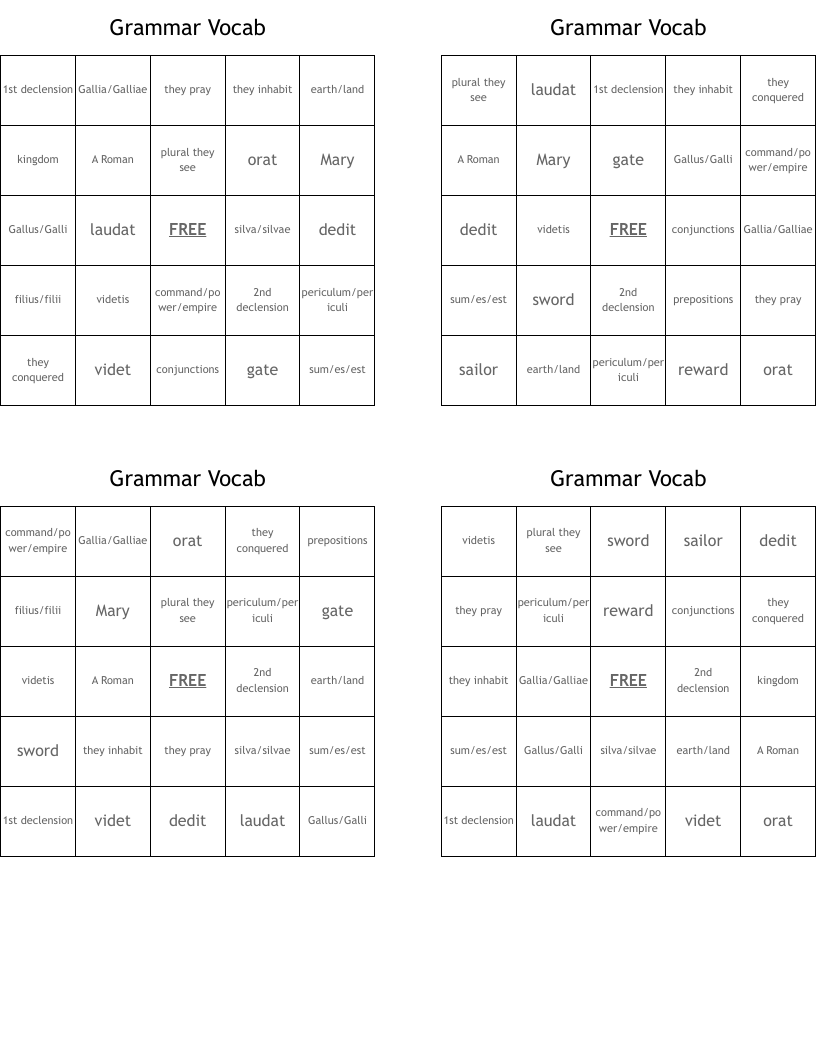 Grammar Vocab Bingo Cards