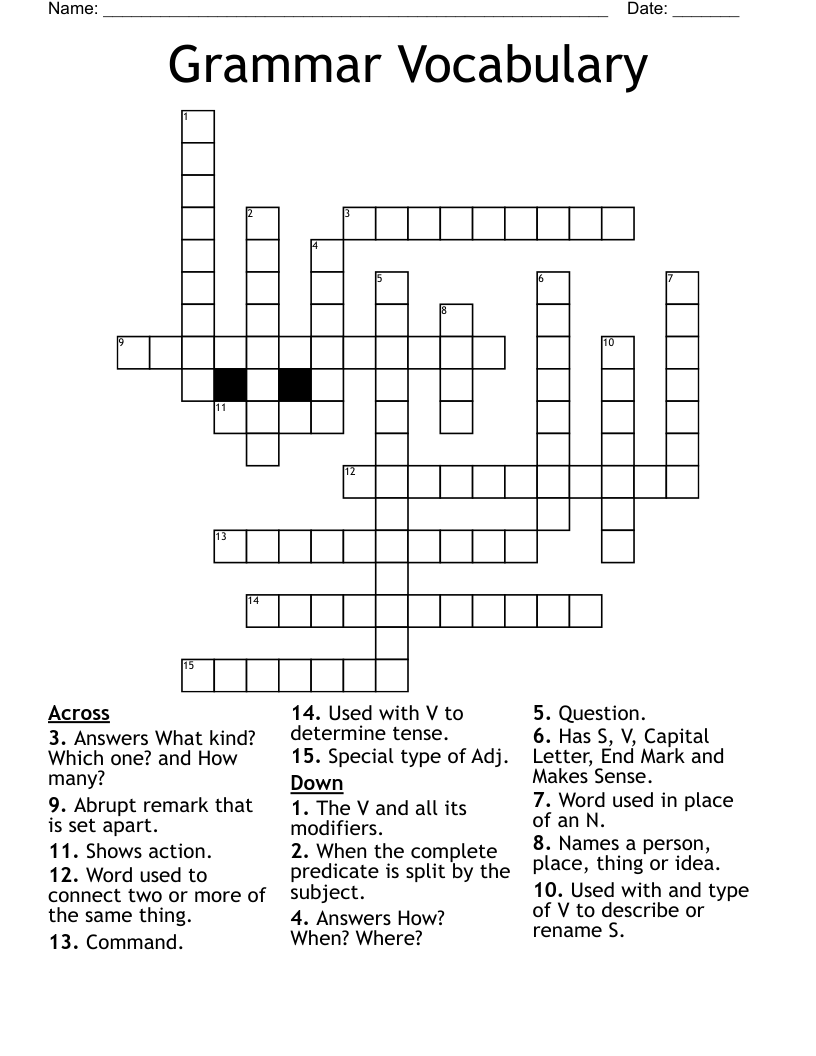 Grammar Vocabulary Crossword