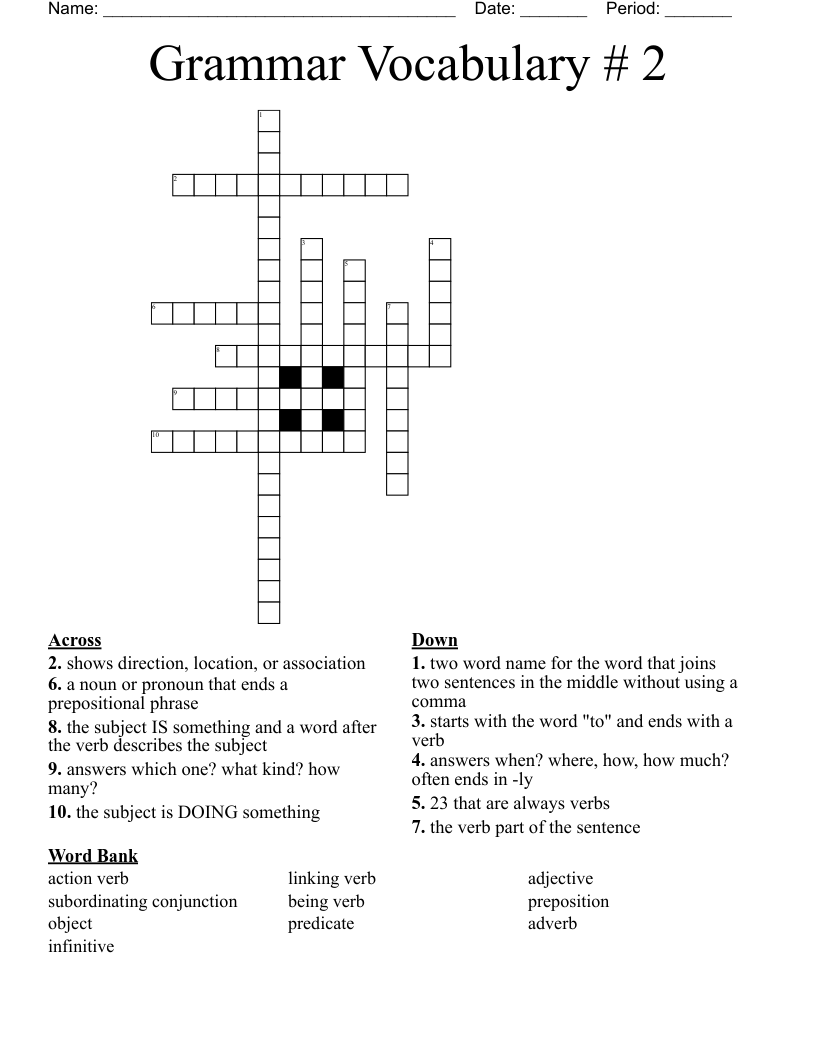 Grammar Vocabulary # 2 Crossword