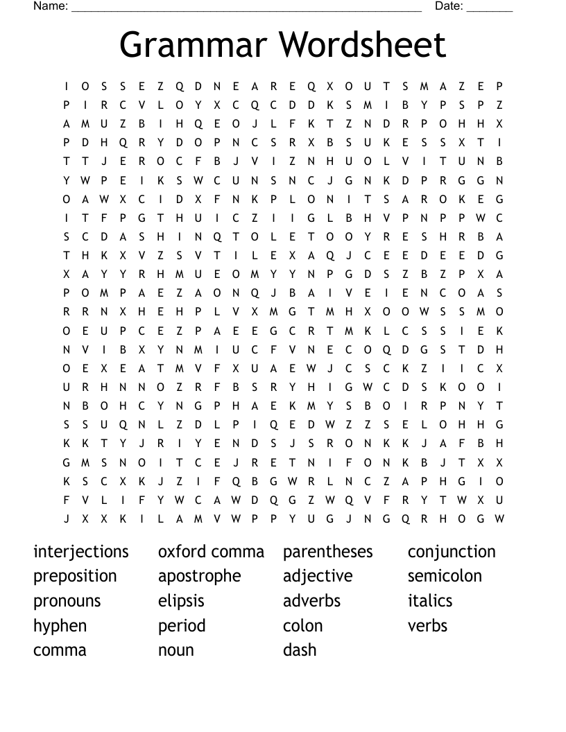 Grammar Wordsheet Word Search