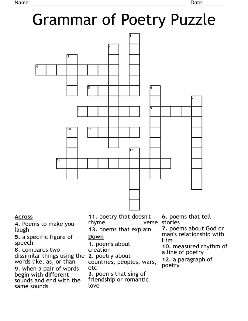 Grammar of Poetry Puzzle Crossword
