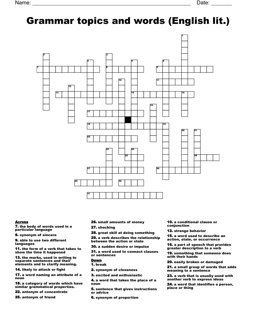 Grammar topics and words (English lit.) Crossword