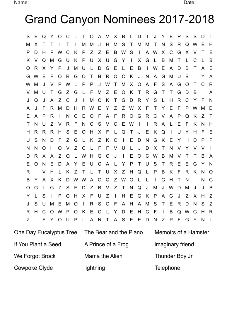 Grand Canyon Nominees 2017-2018 Word Search