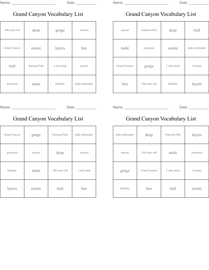 Grand Canyon Vocabulary List Bingo Cards