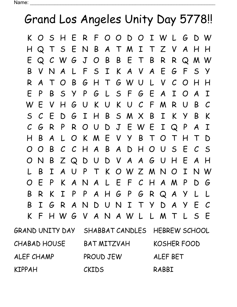 Grand Los Angeles Unity Day 5778!! Word Search