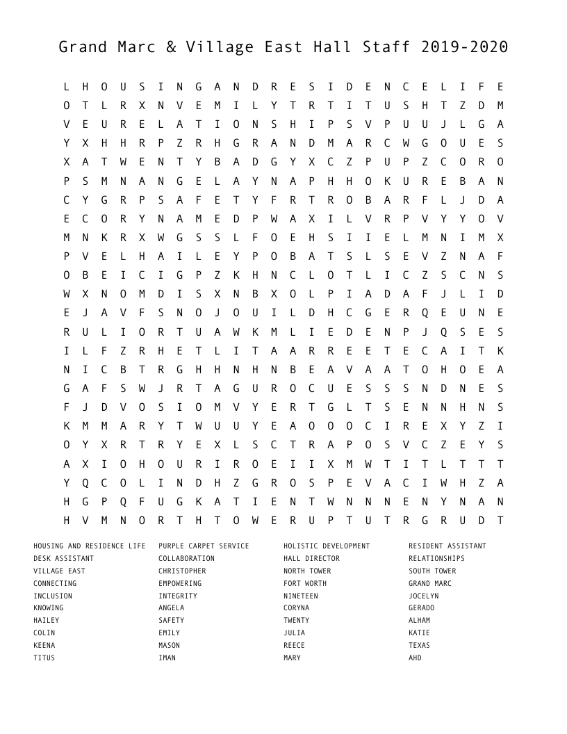 Grand Marc & Village East Hall Staff 2019-2020 Word Search