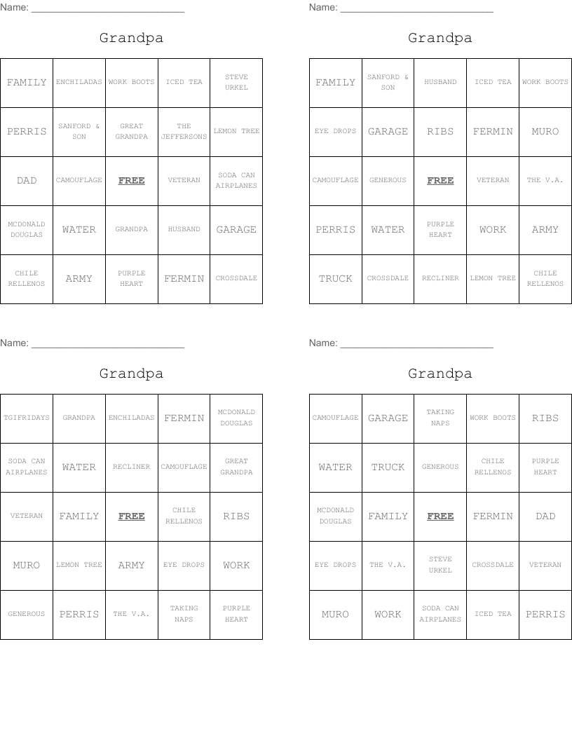 Grandpa Bingo Cards