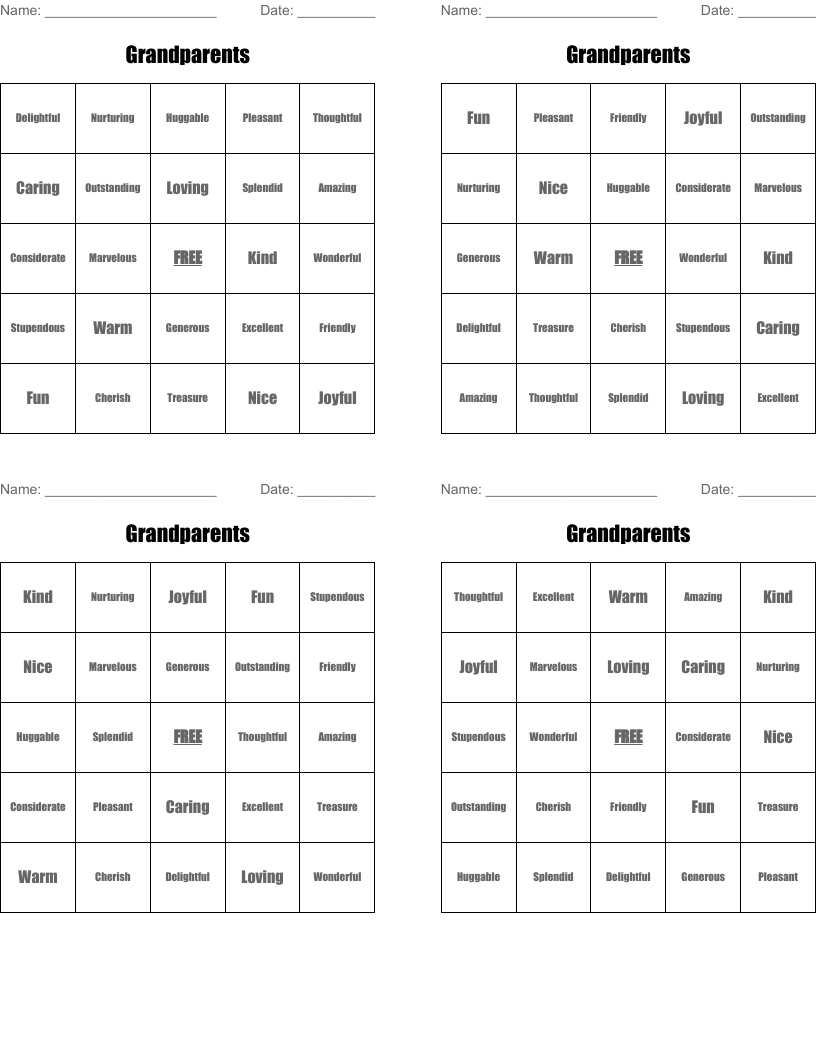 Grandparents Bingo Cards