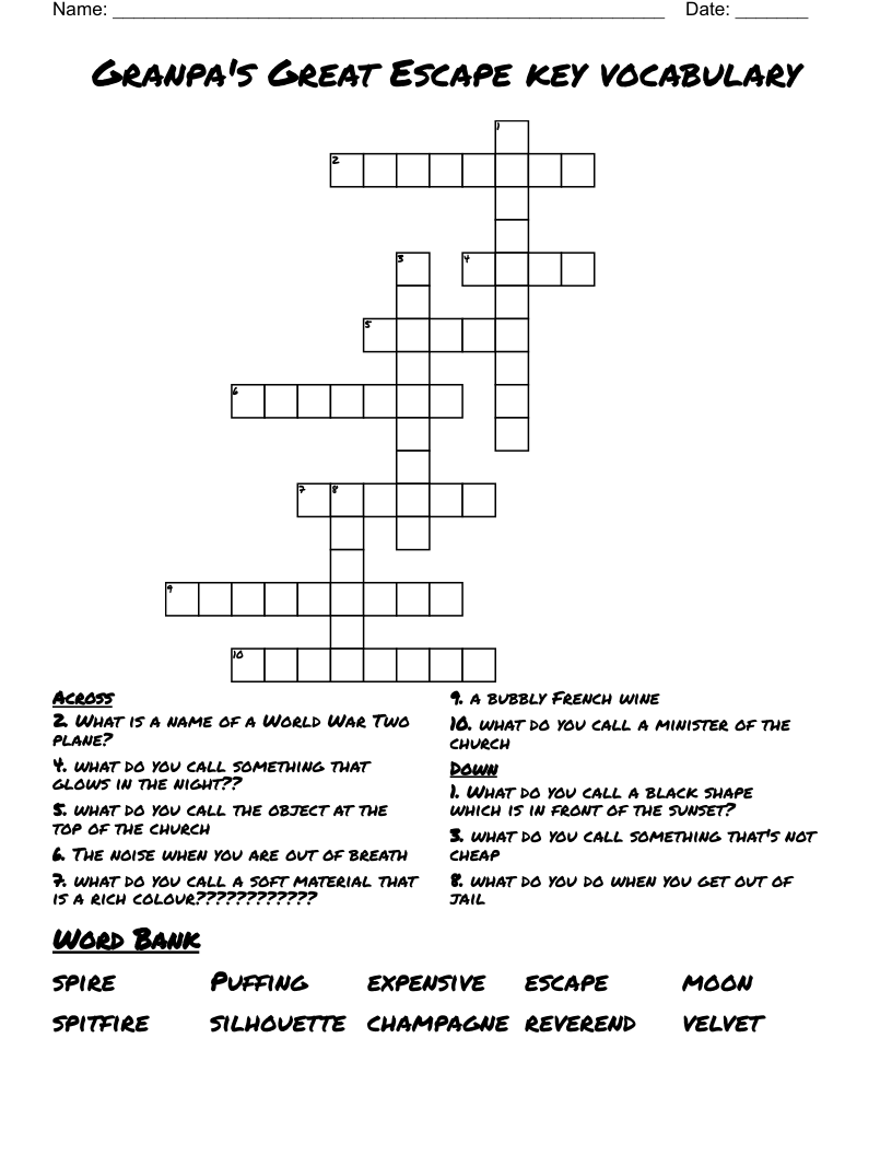 Granpa's Great Escape key vocabulary Crossword