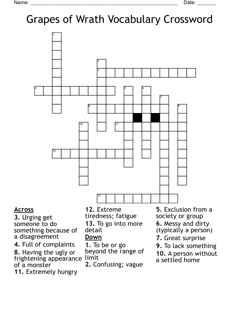 Grapes of Wrath Vocabulary Crossword 