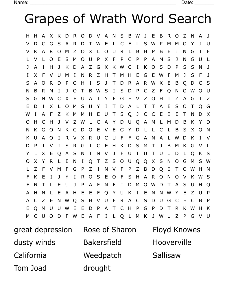 Grapes of Wrath Word Search