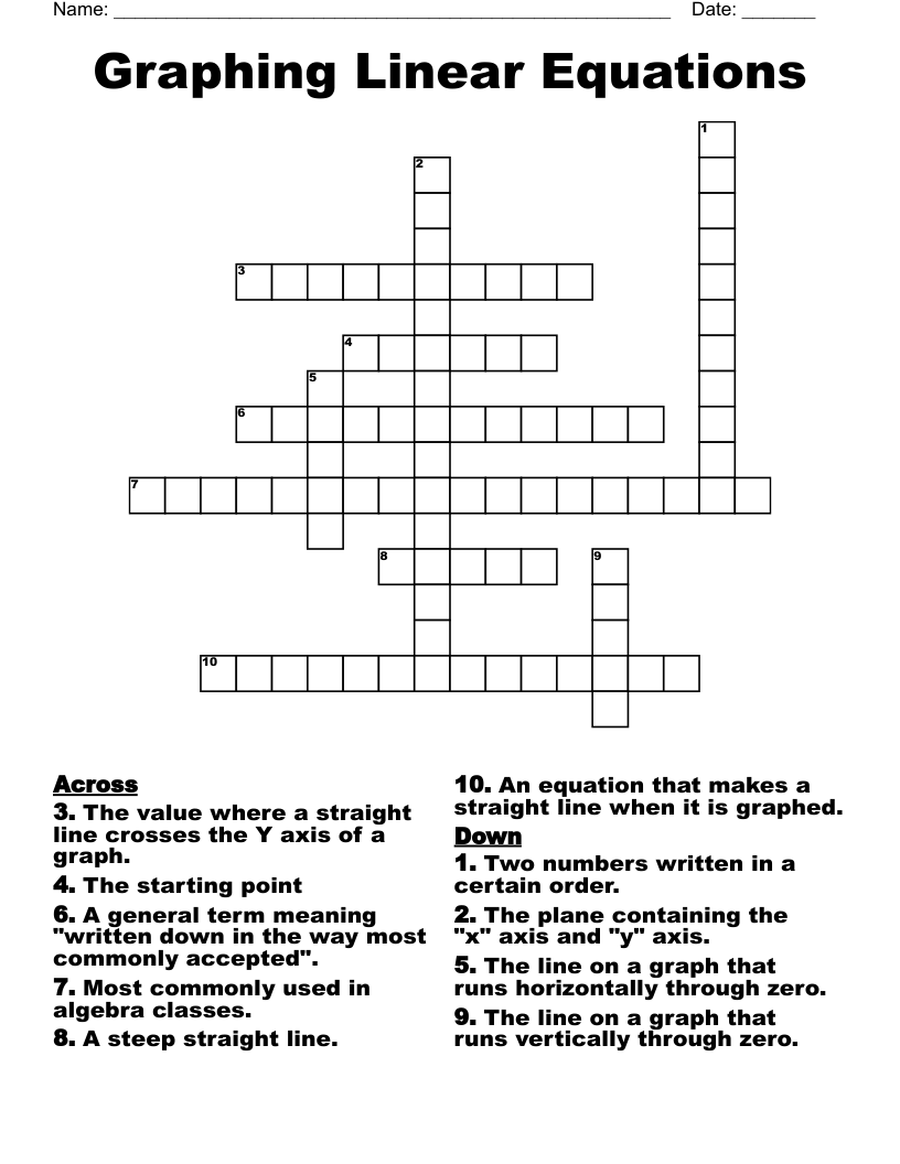 Graphing Linear Equations Crossword