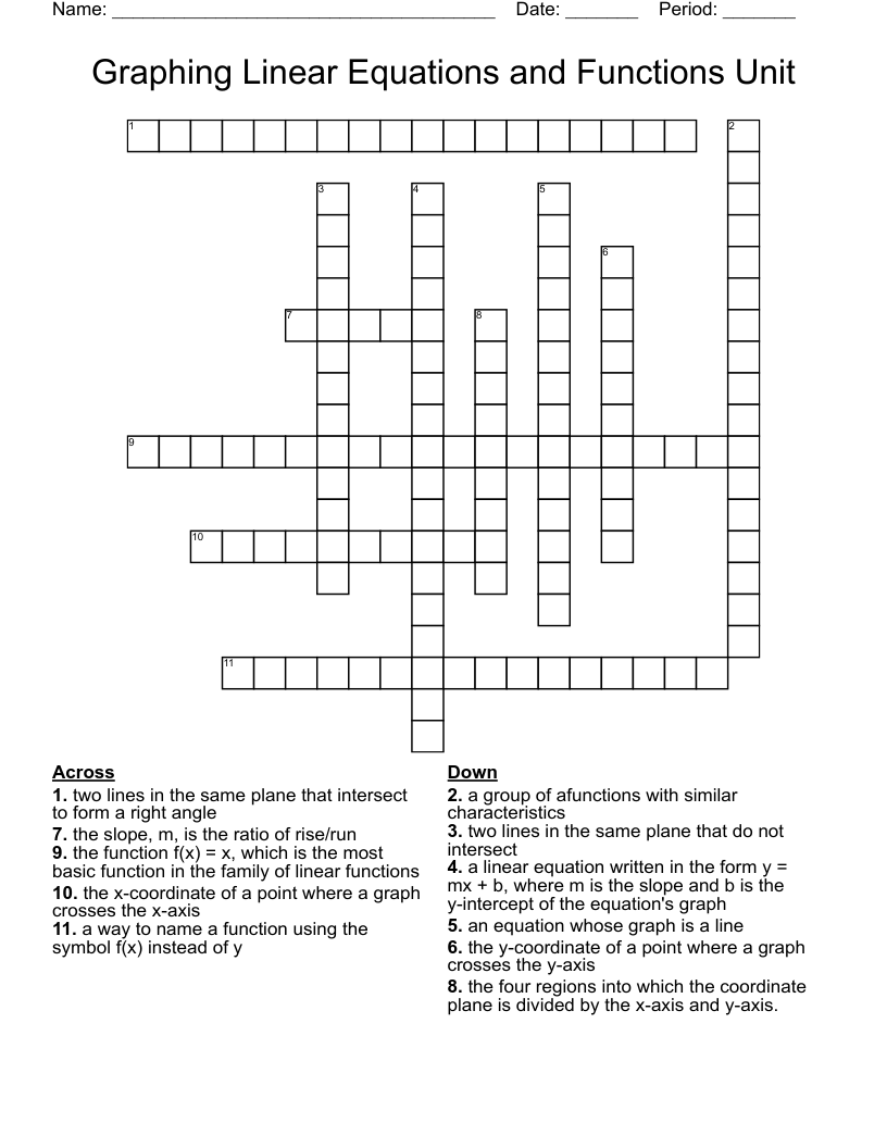 Graphing Linear Equations and Functions Unit Crossword