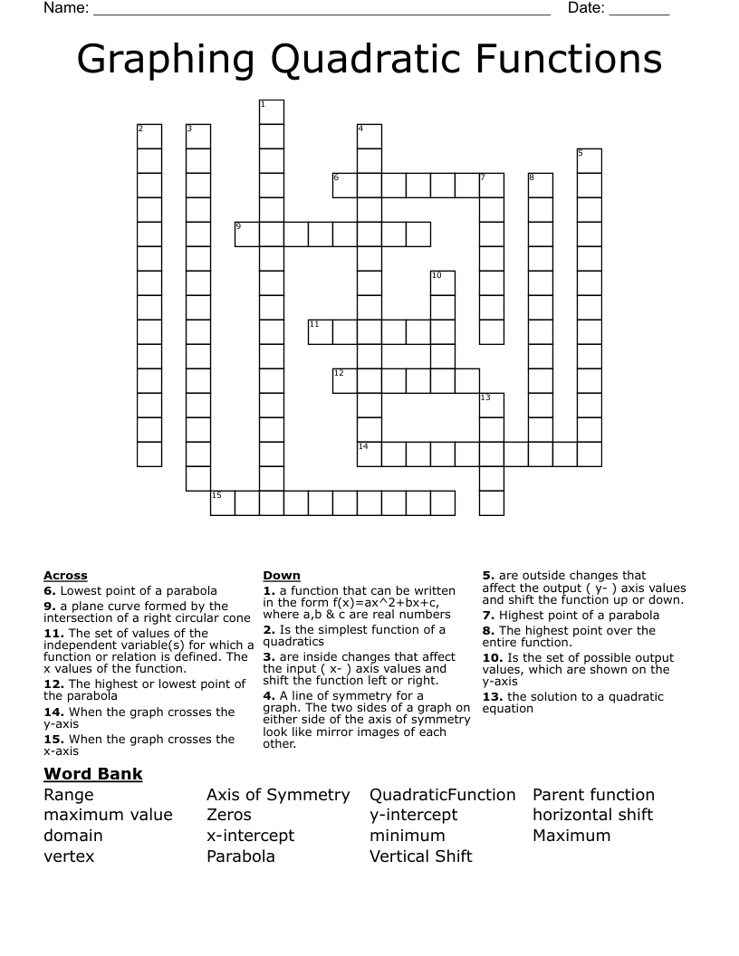 Graphing Quadratic Functions Crossword