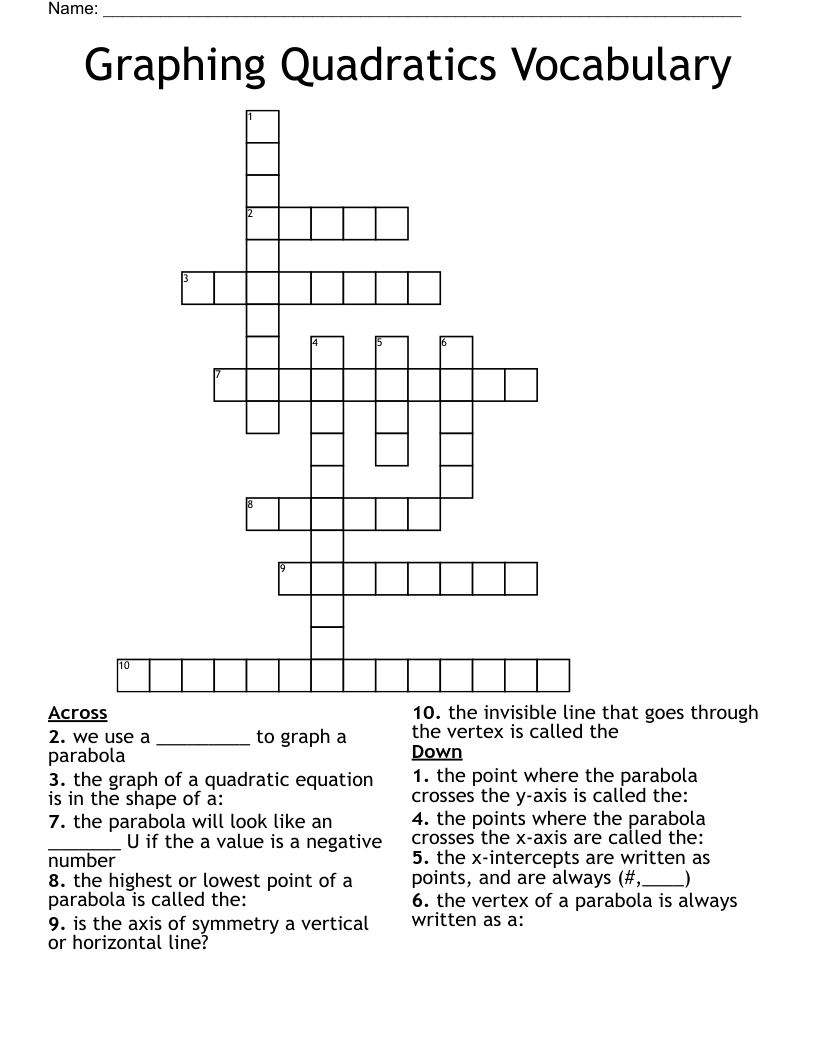 Graphing Quadratics Vocabulary Crossword