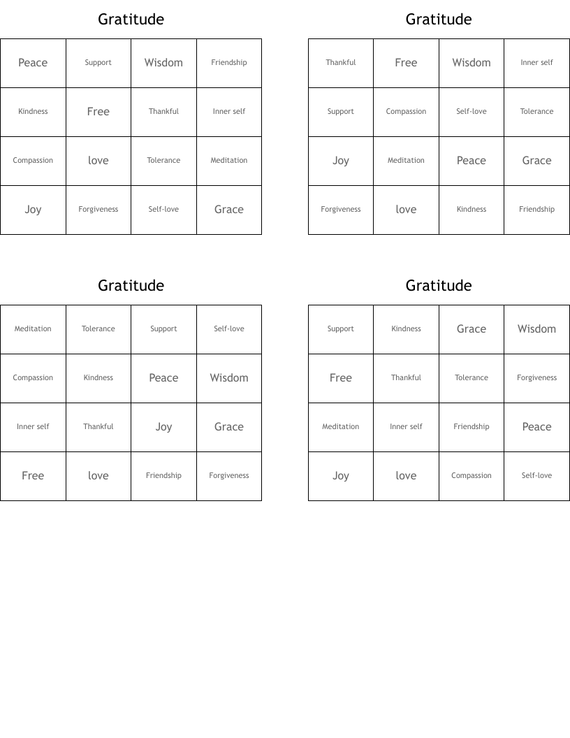 Gratitude Bingo Cards
