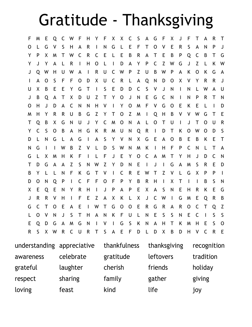 Gratitude - Thanksgiving Word Search