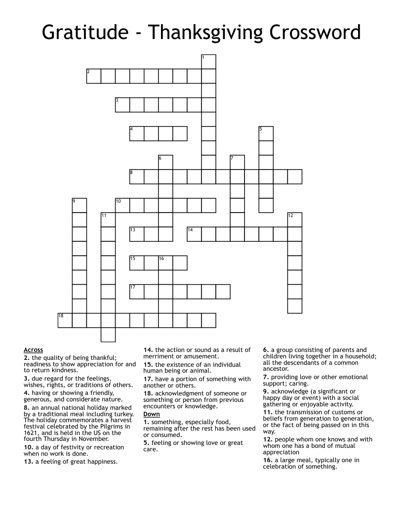 Gratitude - Thanksgiving Crossword