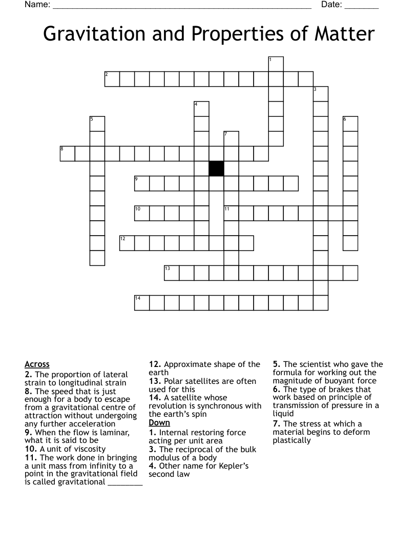 Gravitation and Properties of Matter Crossword