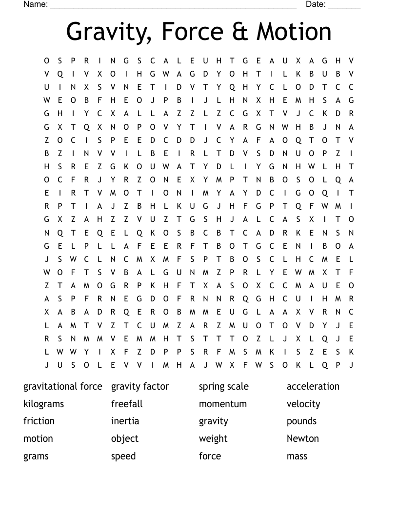 Gravity, Force &  Motion Word Search