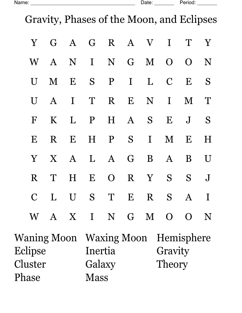 Gravity, Phases of the Moon, and Eclipses Word Search