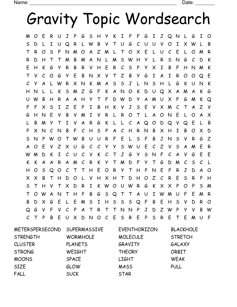 Gravity Topic Wordsearch