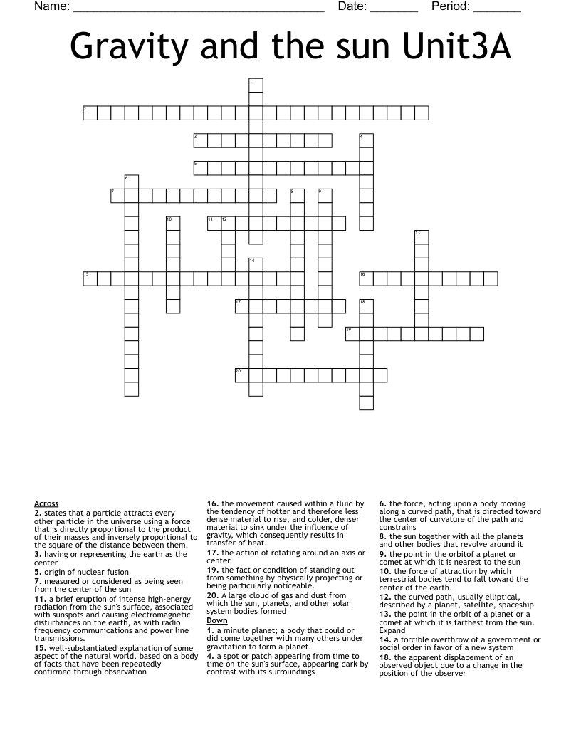 Gravity and the sun Unit3A Crossword