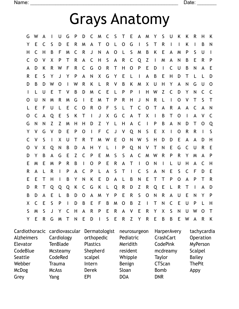 Grays Anatomy Word Search
