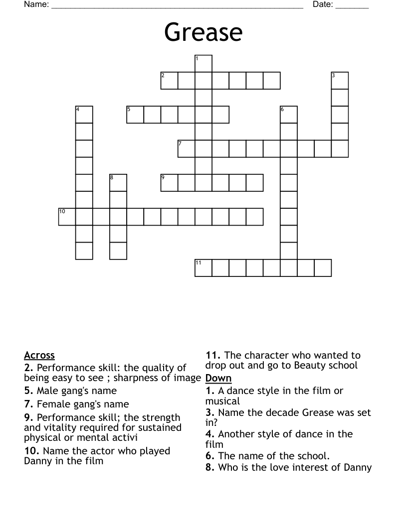 Grease Crossword