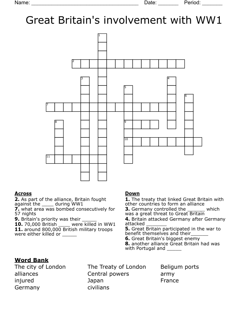 Great Britain's involvement with WW1 Crossword