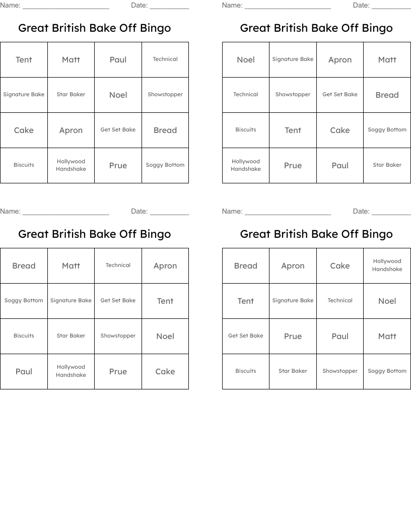 Great British Bake Off Bingo