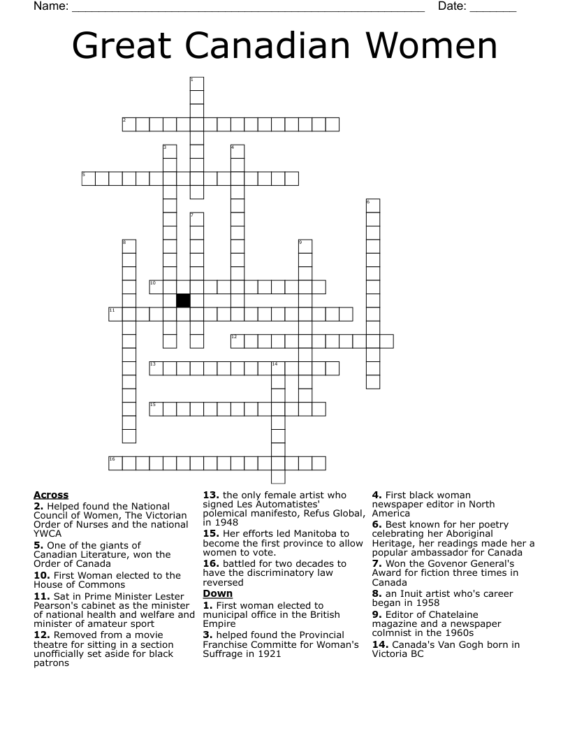 Great Canadian Women Crossword