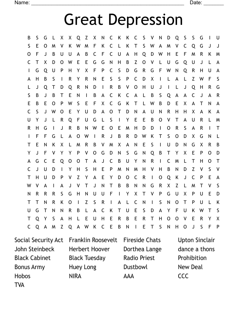 Great Depression Word Search