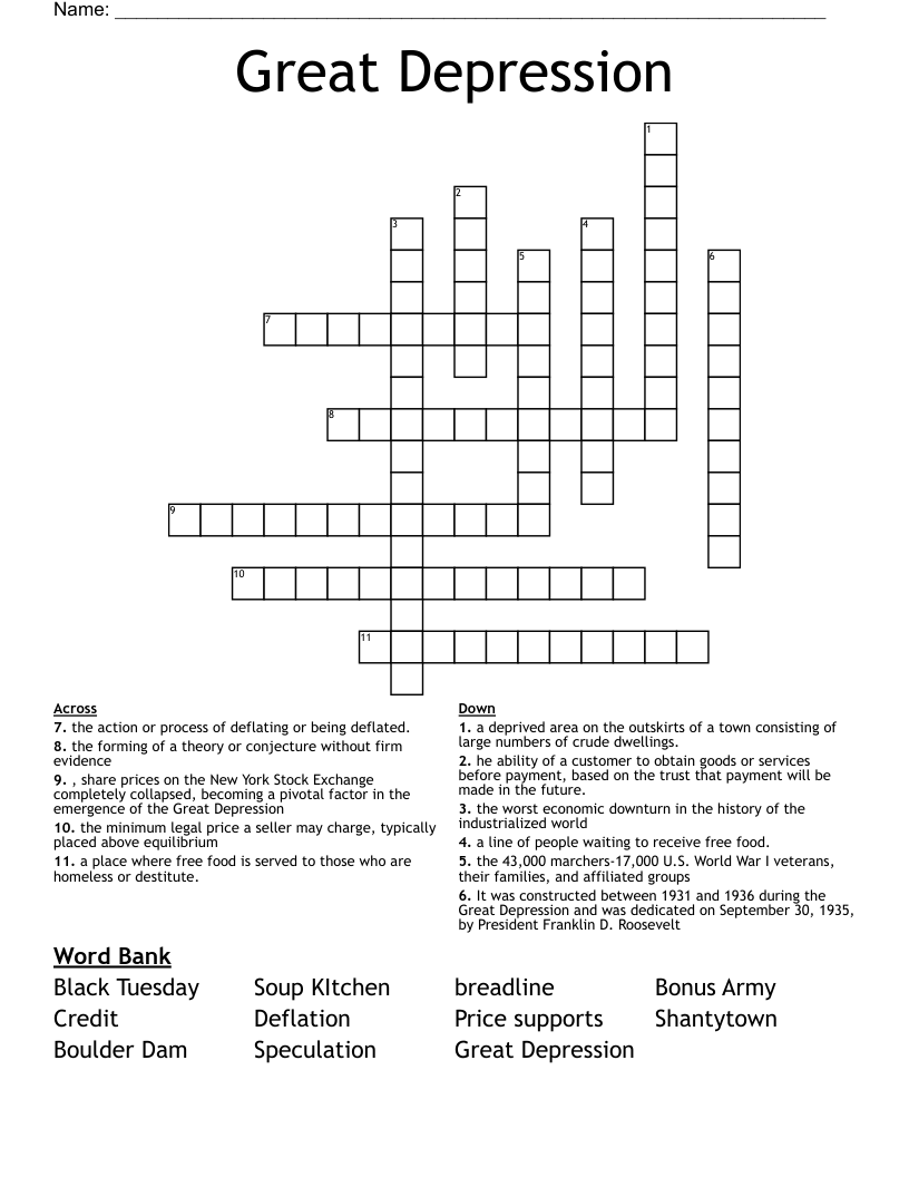 Great Depression Crossword