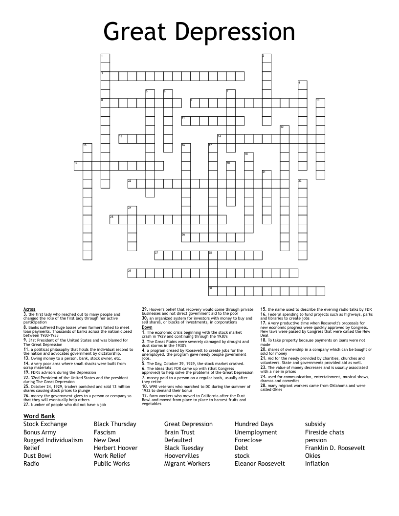 Great Depression Crossword